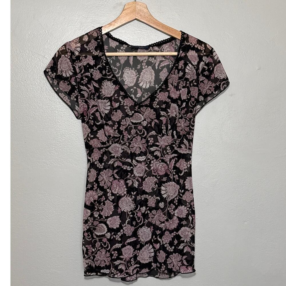 Women's Size L Y2K Vintage Rag Black Pink Floral Sheer Tie Back Babydoll Top